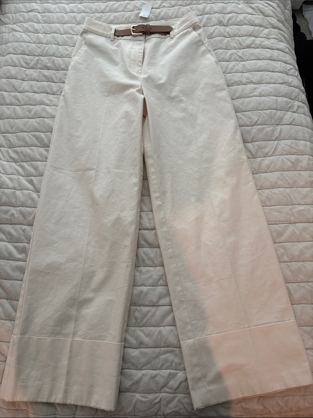 LOFT Cream Wide-Leg Pants with Tan Brown Belt